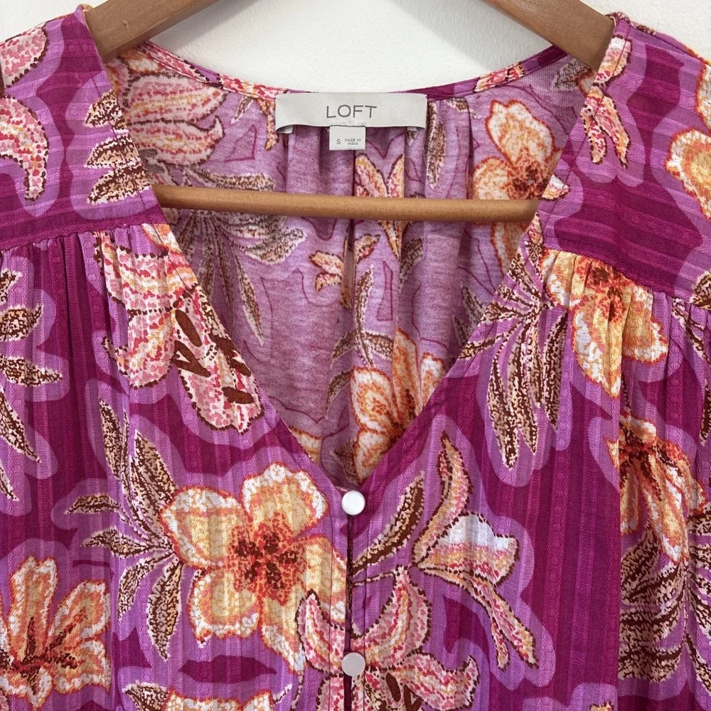 LOFT Floral Button-Front Top Womens S V-Neck Puff Sleeve Cotton